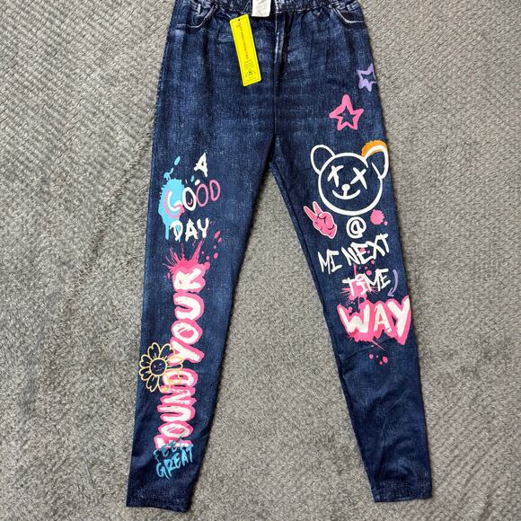 NWT SHEIN Tween Girls Graphic Leggings Pants 8-9Y Denim Blue Cotton Stretch - Picture 3 of 5